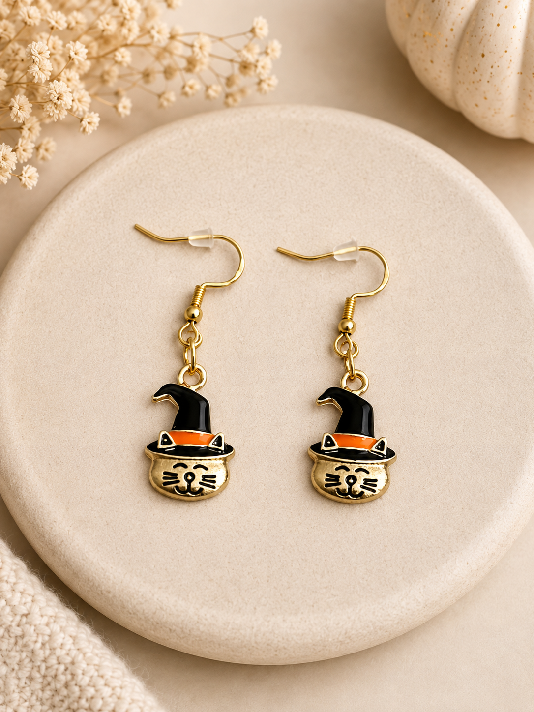 Halloween Miracle Bead Stretch Bracelet with Pumpkin Cat Charm and Matching Earrings