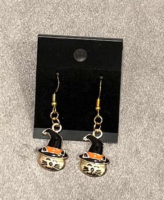 Halloween Miracle Bead Stretch Bracelet with Pumpkin Cat Charm and Matching Earrings
