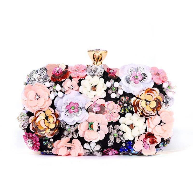 Floral Embellished Clutch Bag: Silver