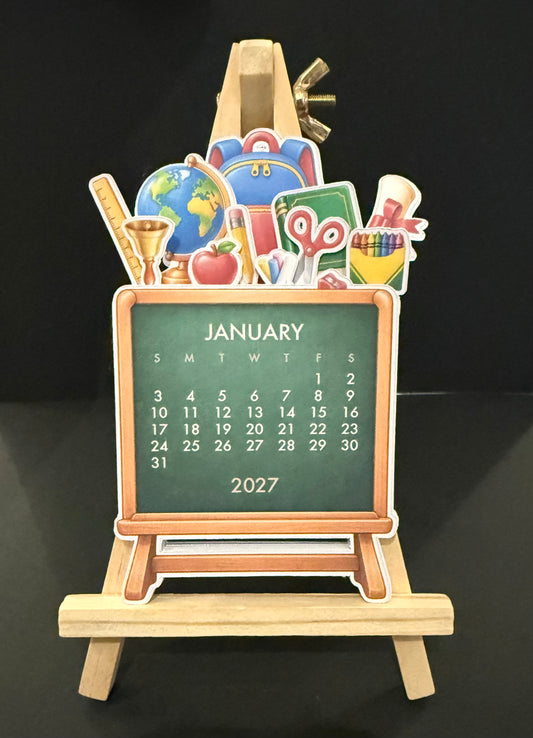 Teacher 2027 Desktop Stacking Calendar On black background with easel