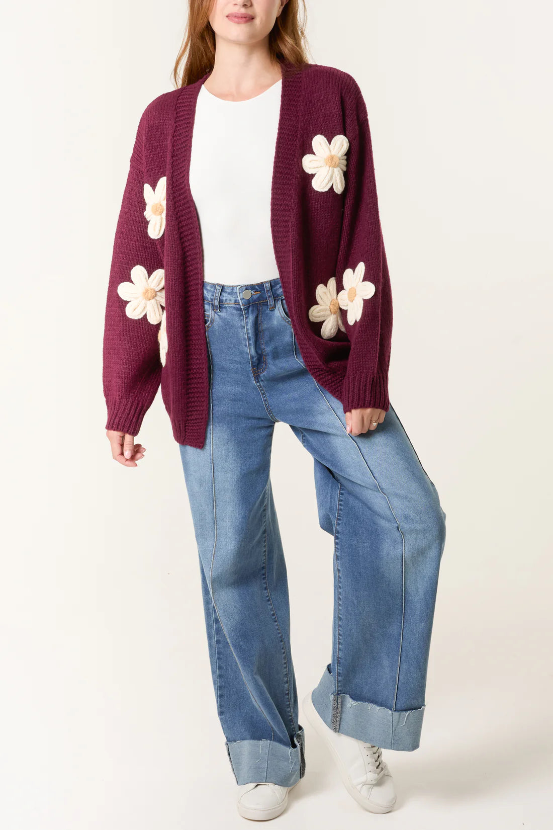Edge to Edge Open Front 3D Daisy Flower Cardigan