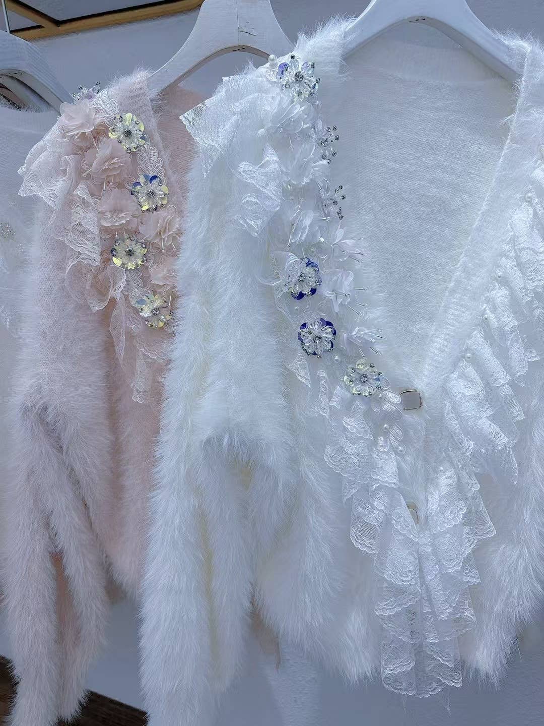 Ivory Faux Fur Cardigan with Side Sparkling Flowers