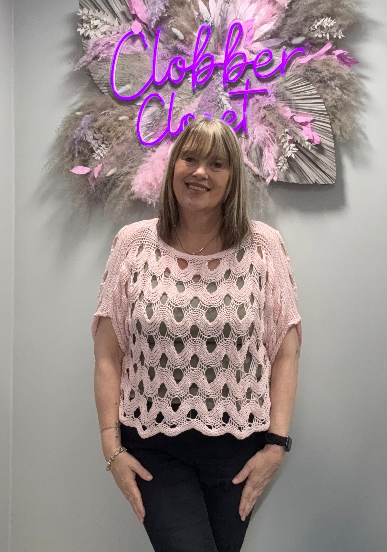 Woman wearing Pink Oversized Crochet Top