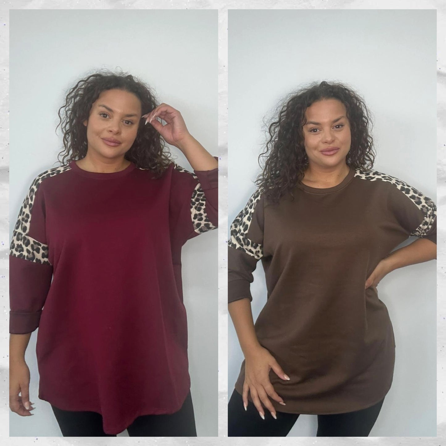 Plus Size Curve Longline Top with Leopard Print Sleeve Detail