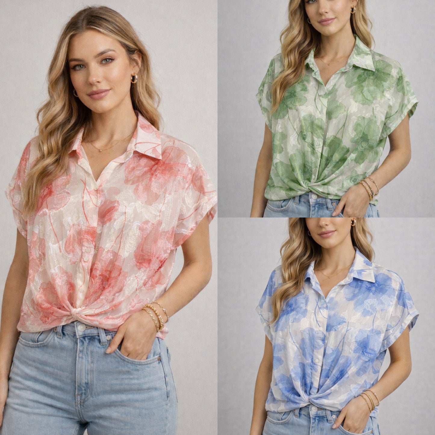 Floral Shimmer Silky Tie Button Blouse