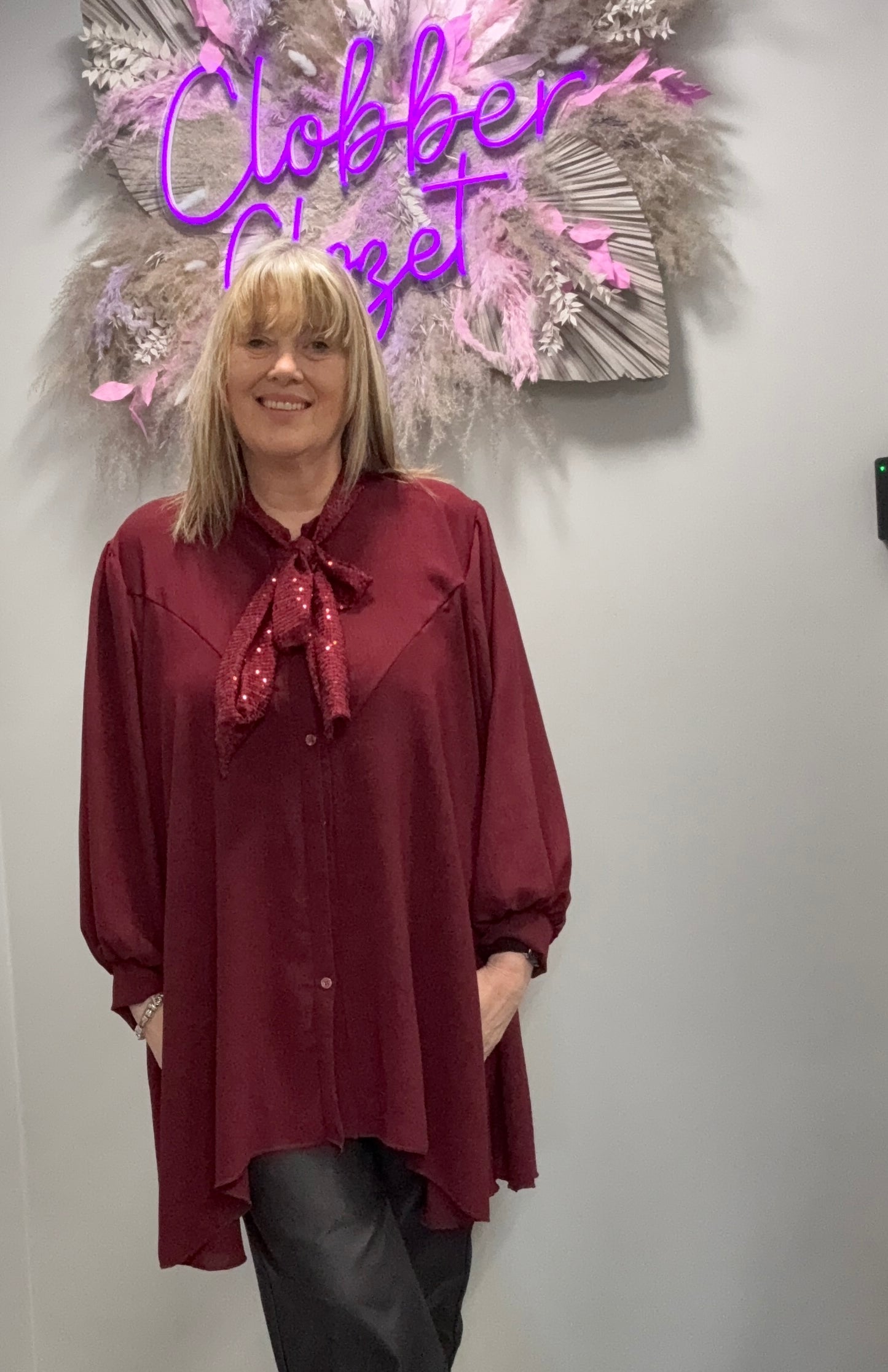 Plus Size Sequin Pussybow Blouse - Plain Cuff