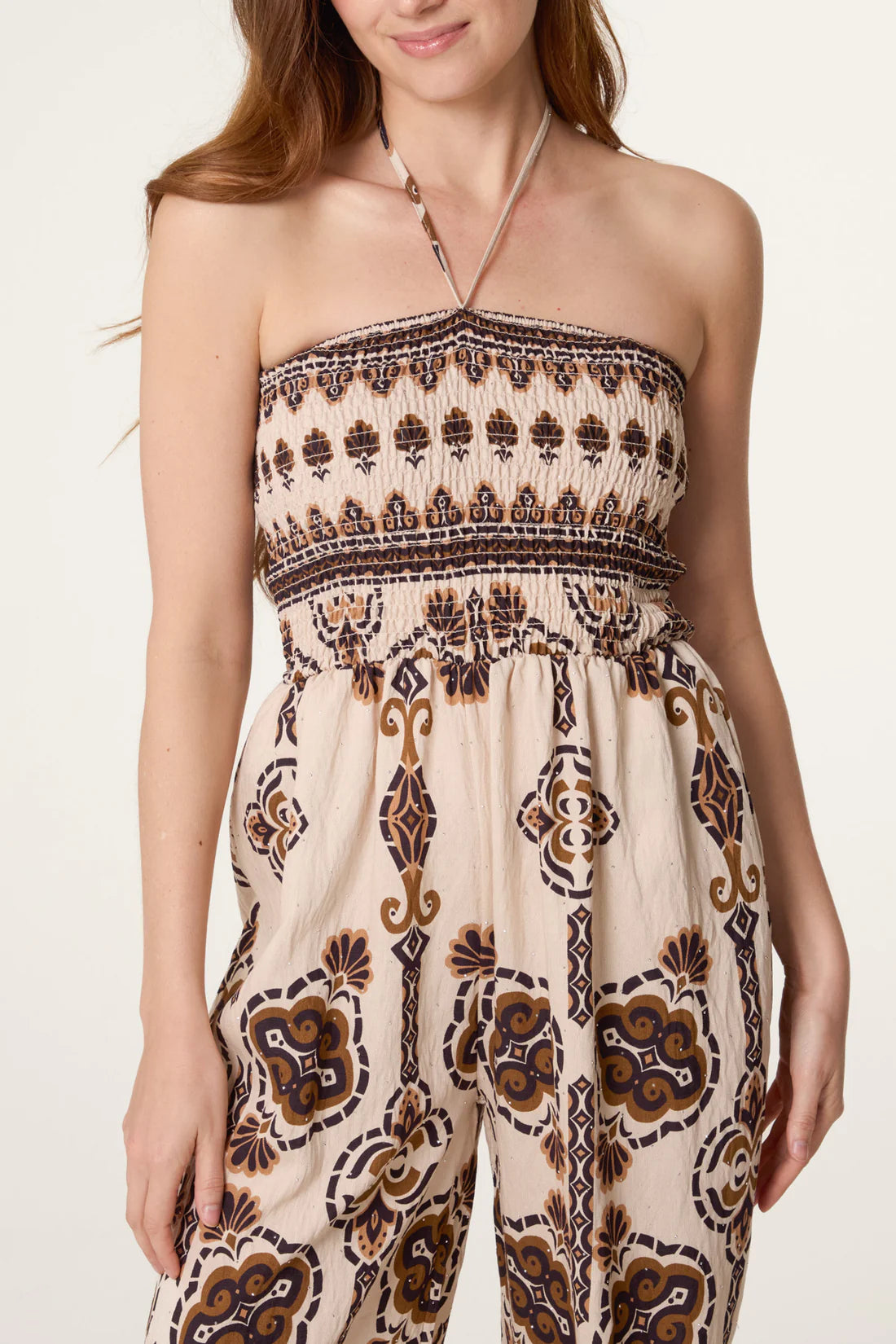 Beige and Brown Tribal Print Jumpsuit with Shirred Bodice, Halter-Neck and Wide Leg