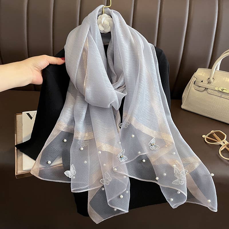 Grey Silk Scarf with Embroidered Butterflies & Pearls