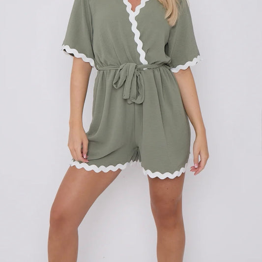 Jenna - Italian Khaki Green Playsuit with Trim Detail