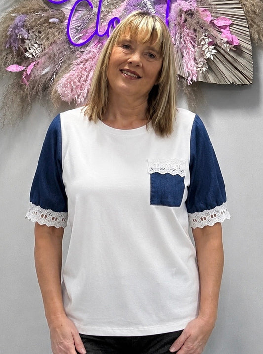 Denim Sleeve Lace Trim T-Shirt