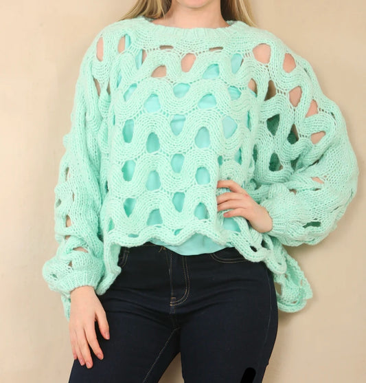 Gigi Chunky Knit Crochet Style Jumper - Green