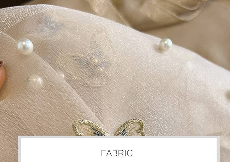 Beige Silk Scarf with Embroidered Butterflies & Pearls