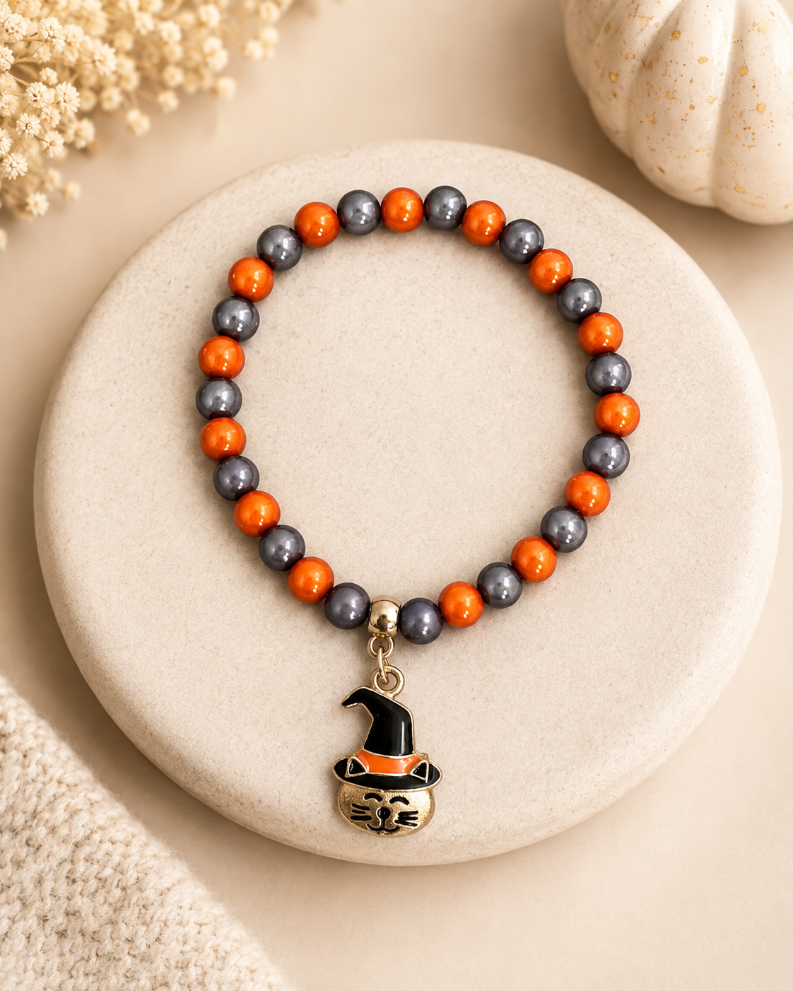 Halloween Miracle Bead Stretch Bracelet with Pumpkin Cat Charm and Matching Earrings