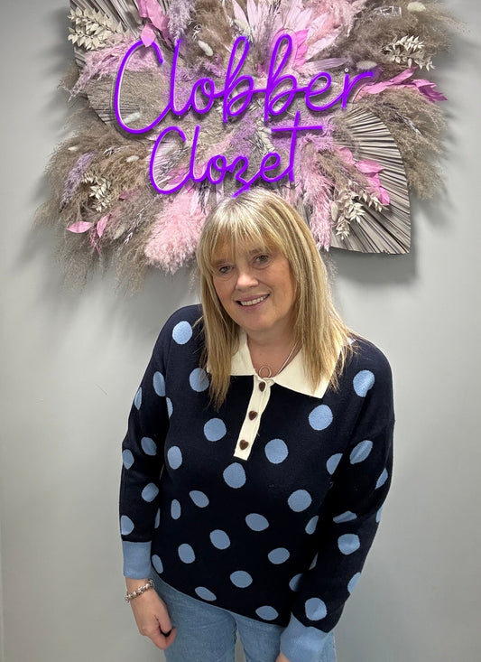 Cherie - Blue Polka Dot Jumper with Polo Style Collar