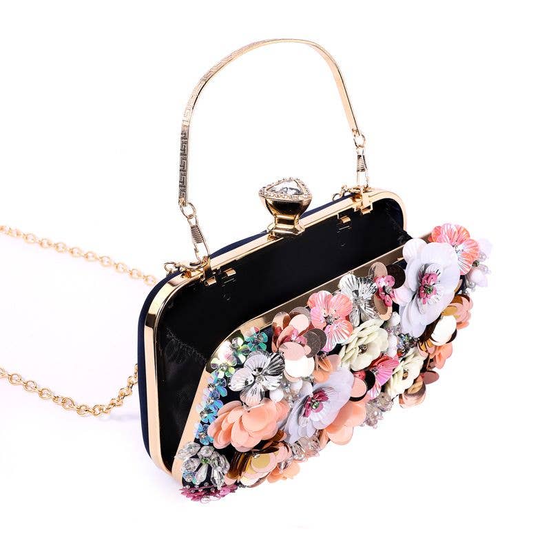 Floral Embellished Clutch Bag: Silver