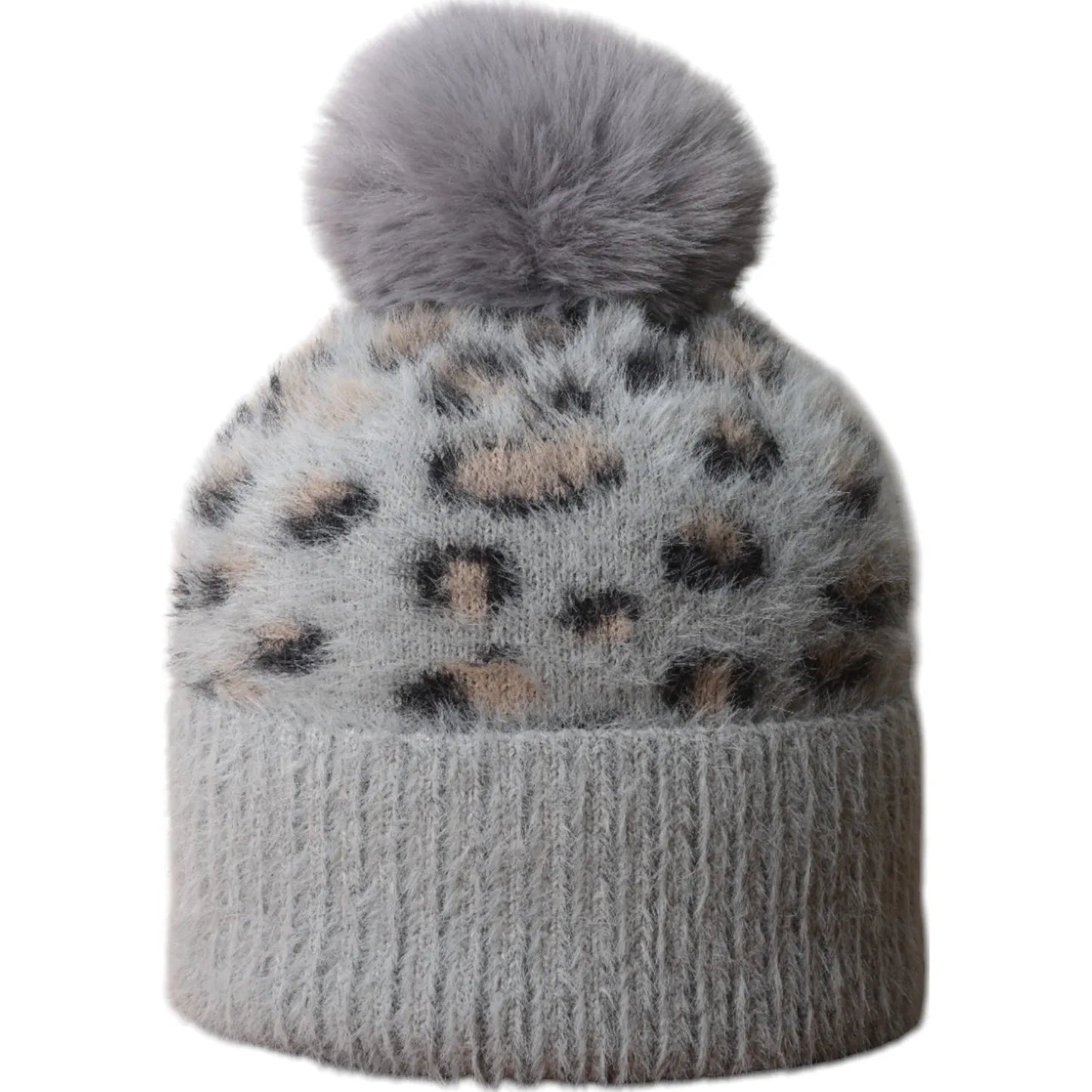 Jess & Lou Grey Leopard Fluffy Bobble Hat