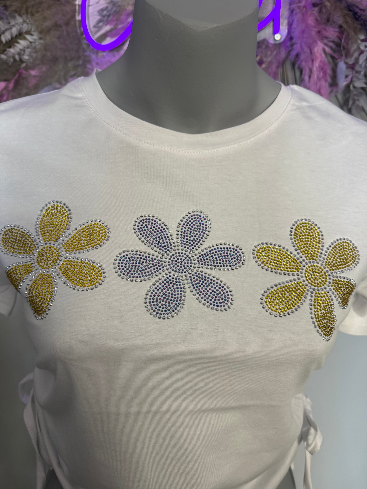 Danika White Side Tie Diamante Flower Crop Top