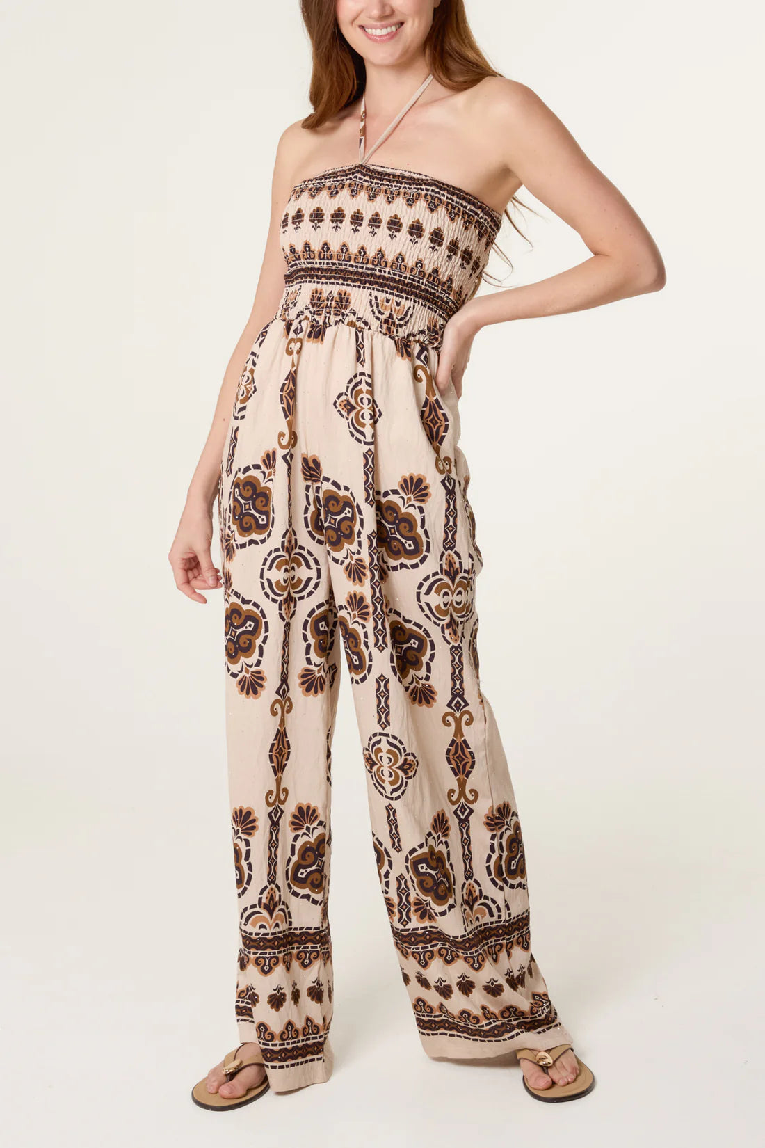Beige and Brown Tribal Print Jumpsuit with Shirred Bodice, Halter-Neck and Wide Leg