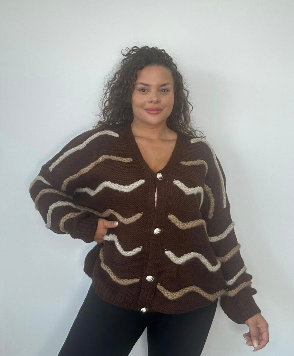 Plus Size Chunky Knit Striped Cardigan with Button Front