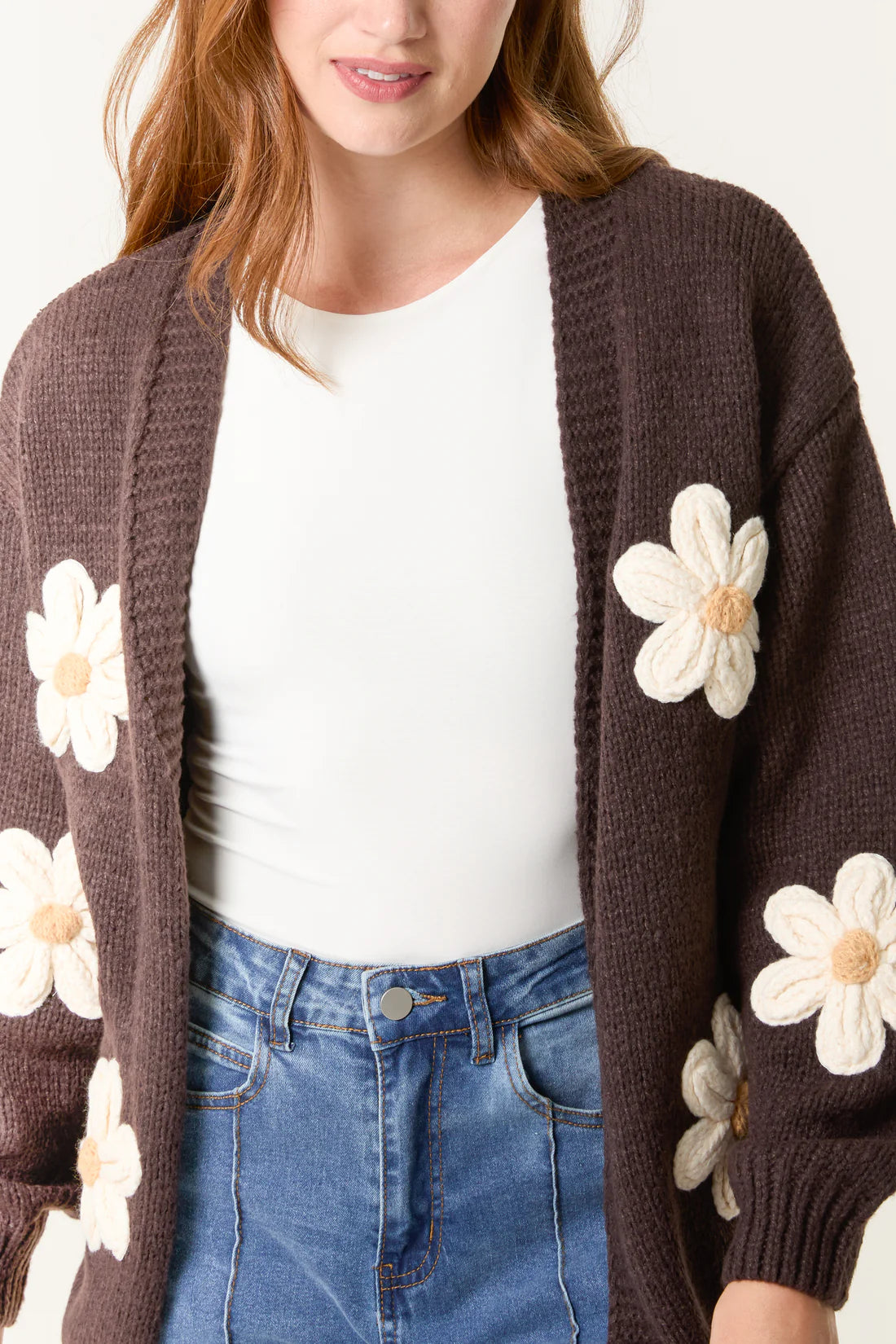 Edge to Edge Open Front 3D Daisy Flower Cardigan