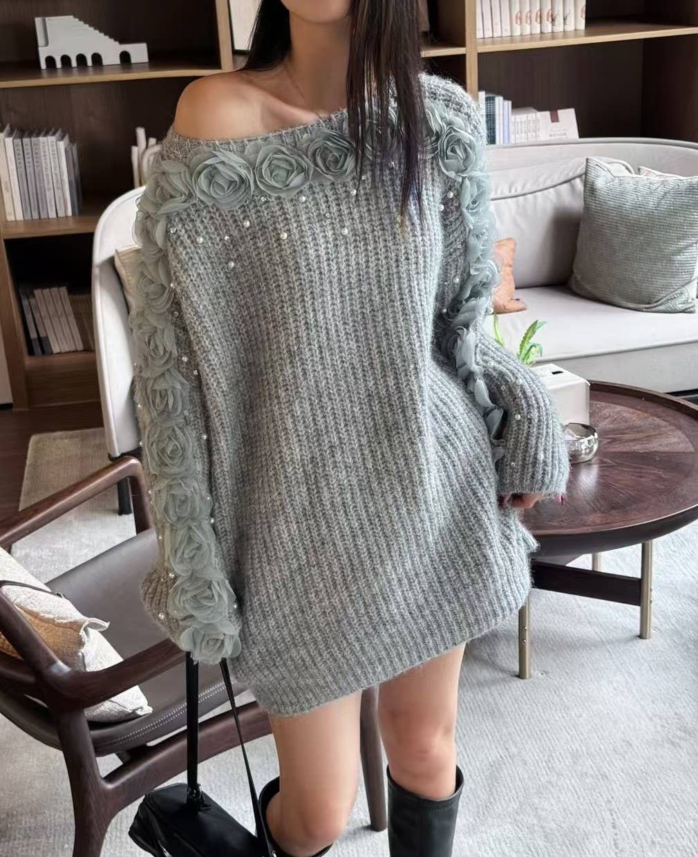 Pink Knit Jumper with Floral Appliqué