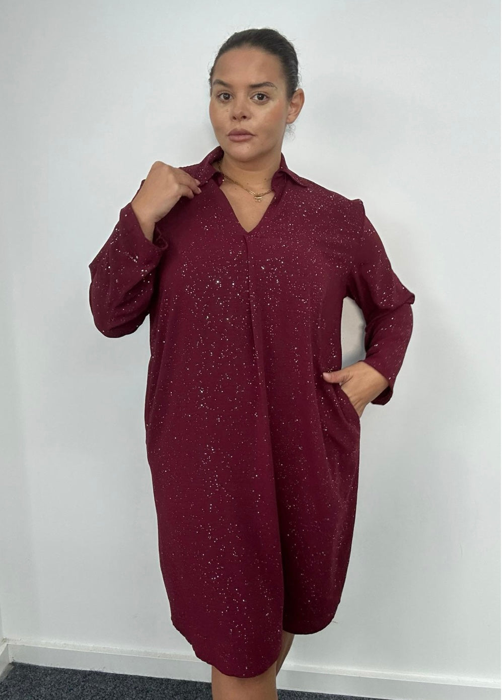Plus Size Shimmer Long Sleeve Shirt Dress with Pockets