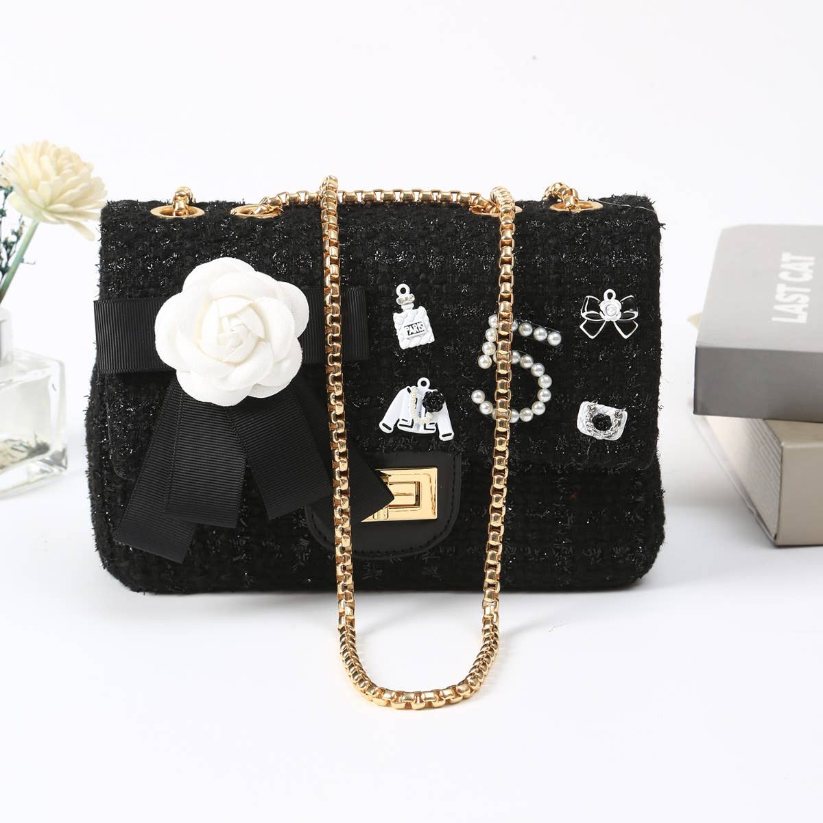 Jewelled Tweed Handbag in Black