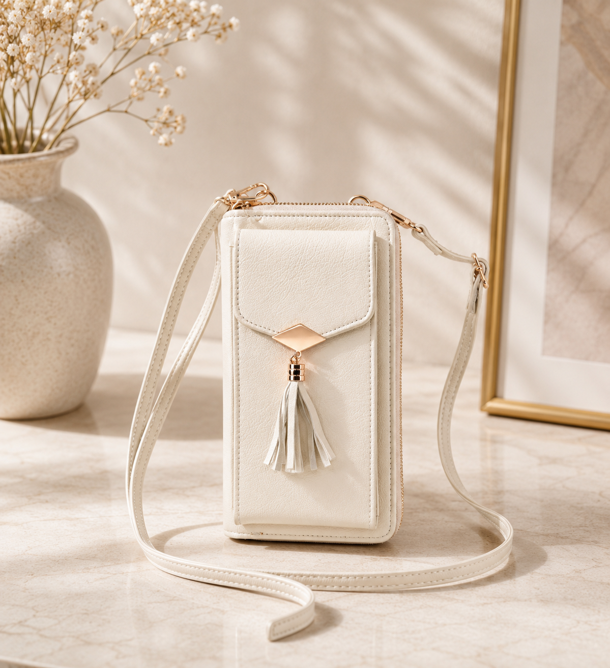 White Crossbody Bag / Phone Case with Tassels