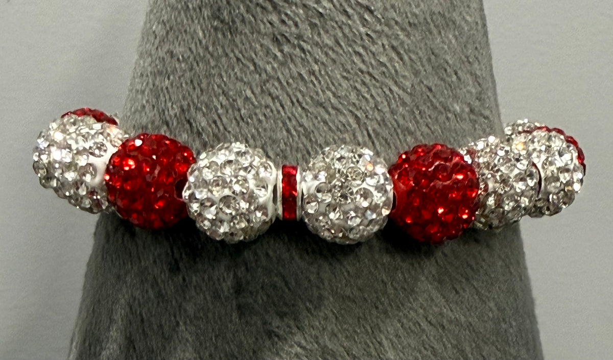 Red and White Shamballa Stretch Bracelet