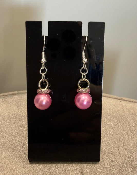 Pink Faux Pearl Dangle Drop Earrings with Sparkle Trim