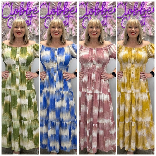 Multi Splash Print Button Bardot Maxi Dress