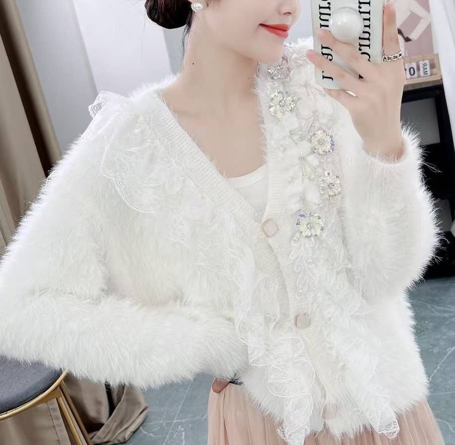 Ivory Faux Fur Cardigan with Side Sparkling Flowers