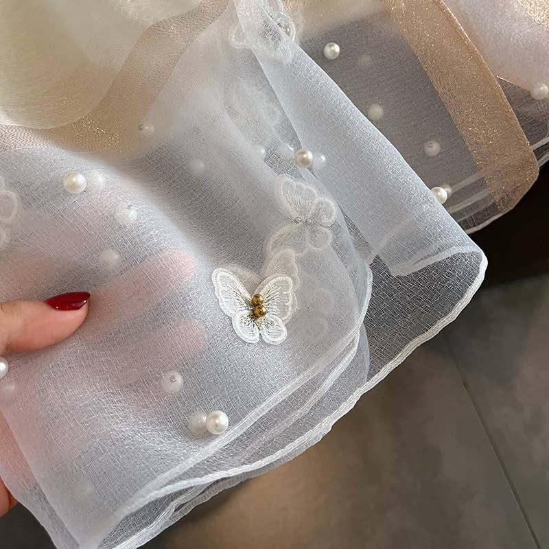 Grey Silk Scarf with Embroidered Butterflies & Pearls