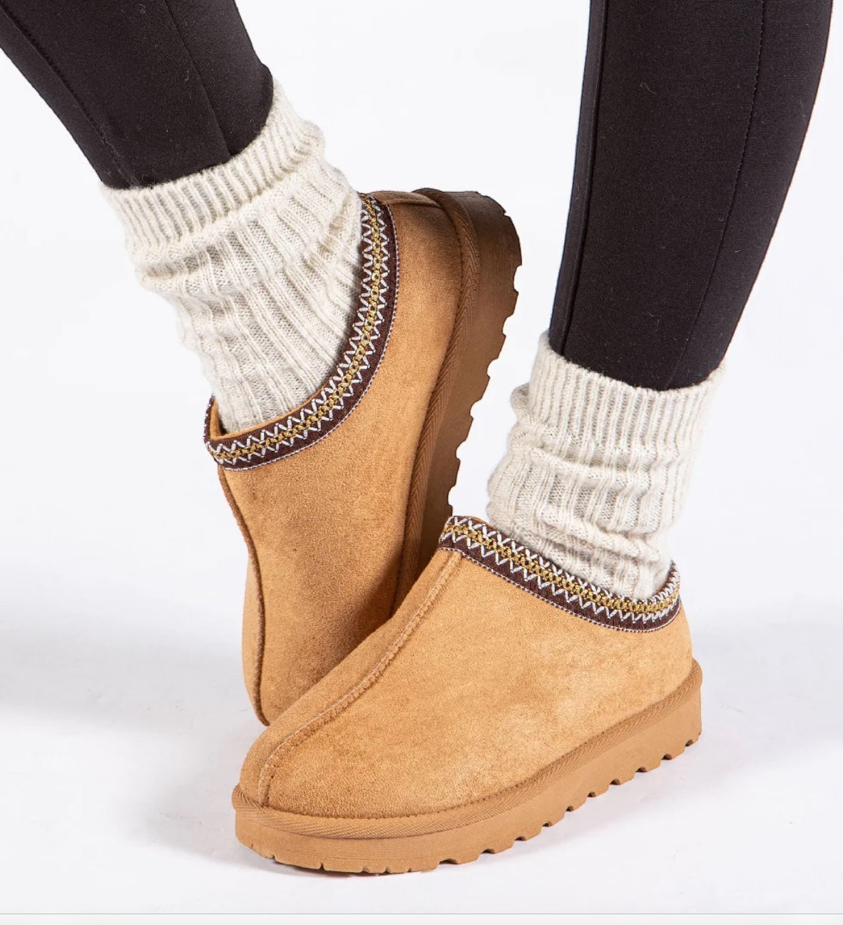 Faux Suede Embroider Aztec Detail Cozy Fluffy Slipper Boots
