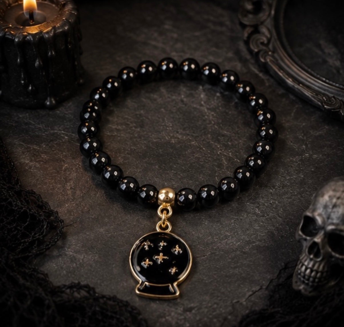 Black and Gold Gothic Halloween Stretch Beaded Bracelet with Charm
