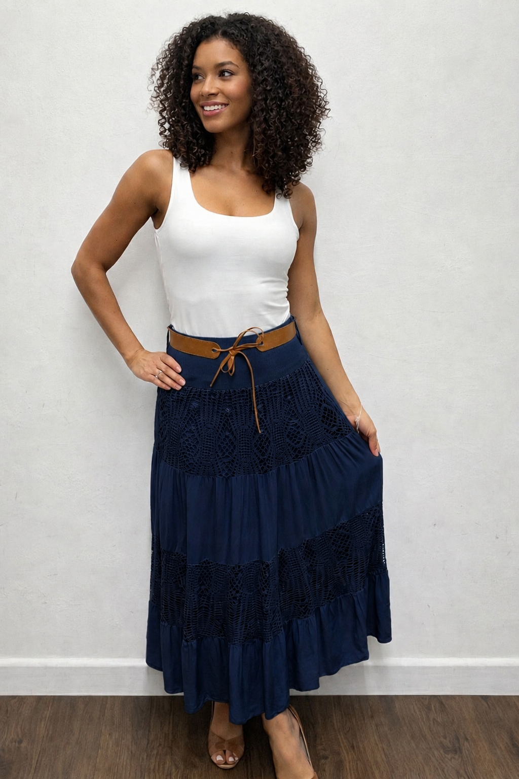 Belted and Tiered Crochet Maxi Gypsy Skirt