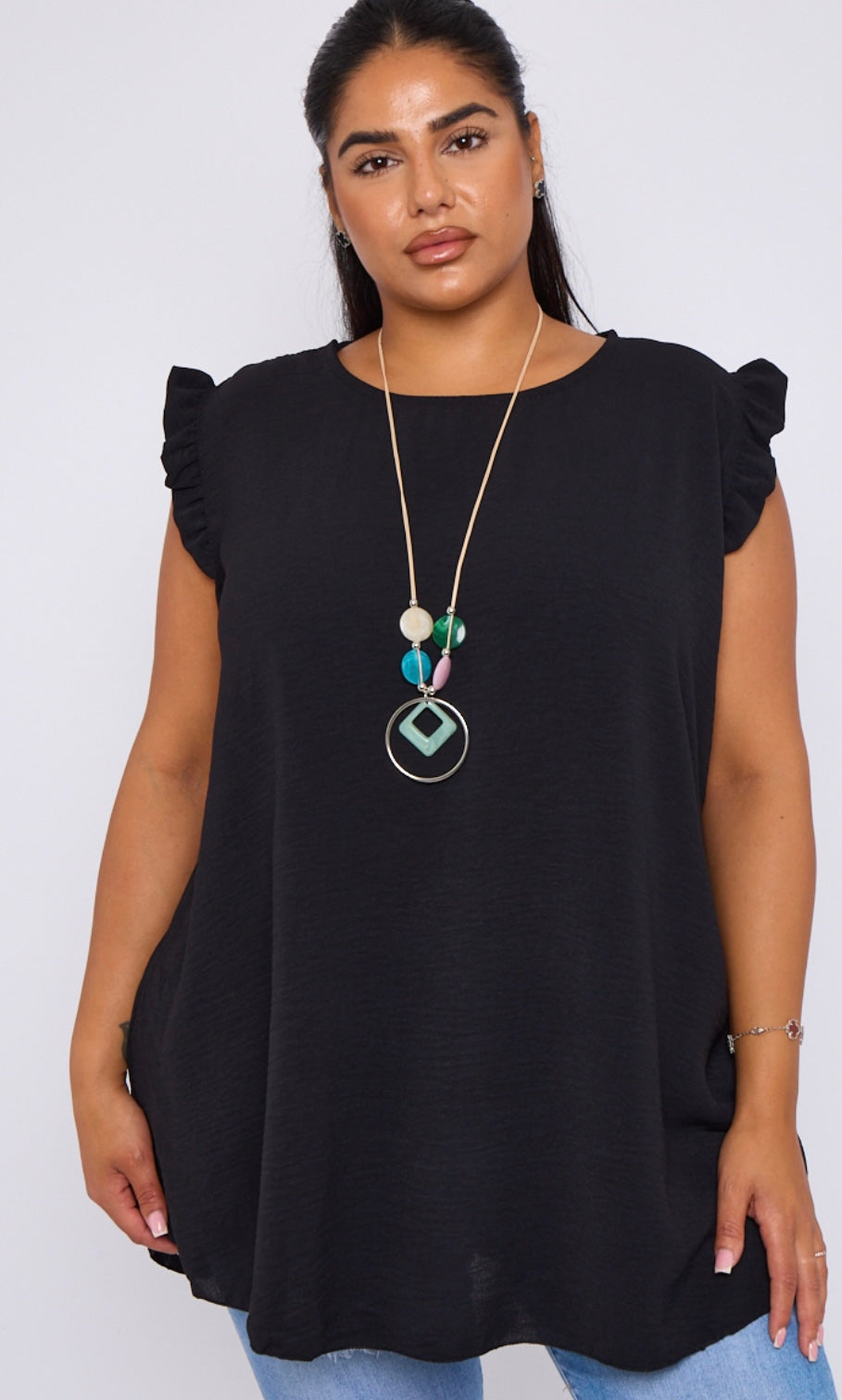 Plus Size Navy Ruffle Sleeve Round Neck Top with Necklace