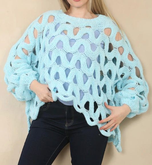 Gigi Chunky Knit Crochet Style Jumper - Blue