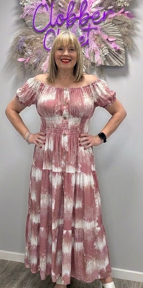 Multi Splash Print Button Bardot Maxi Dress