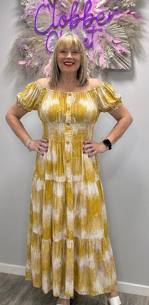 Multi Splash Print Button Bardot Maxi Dress