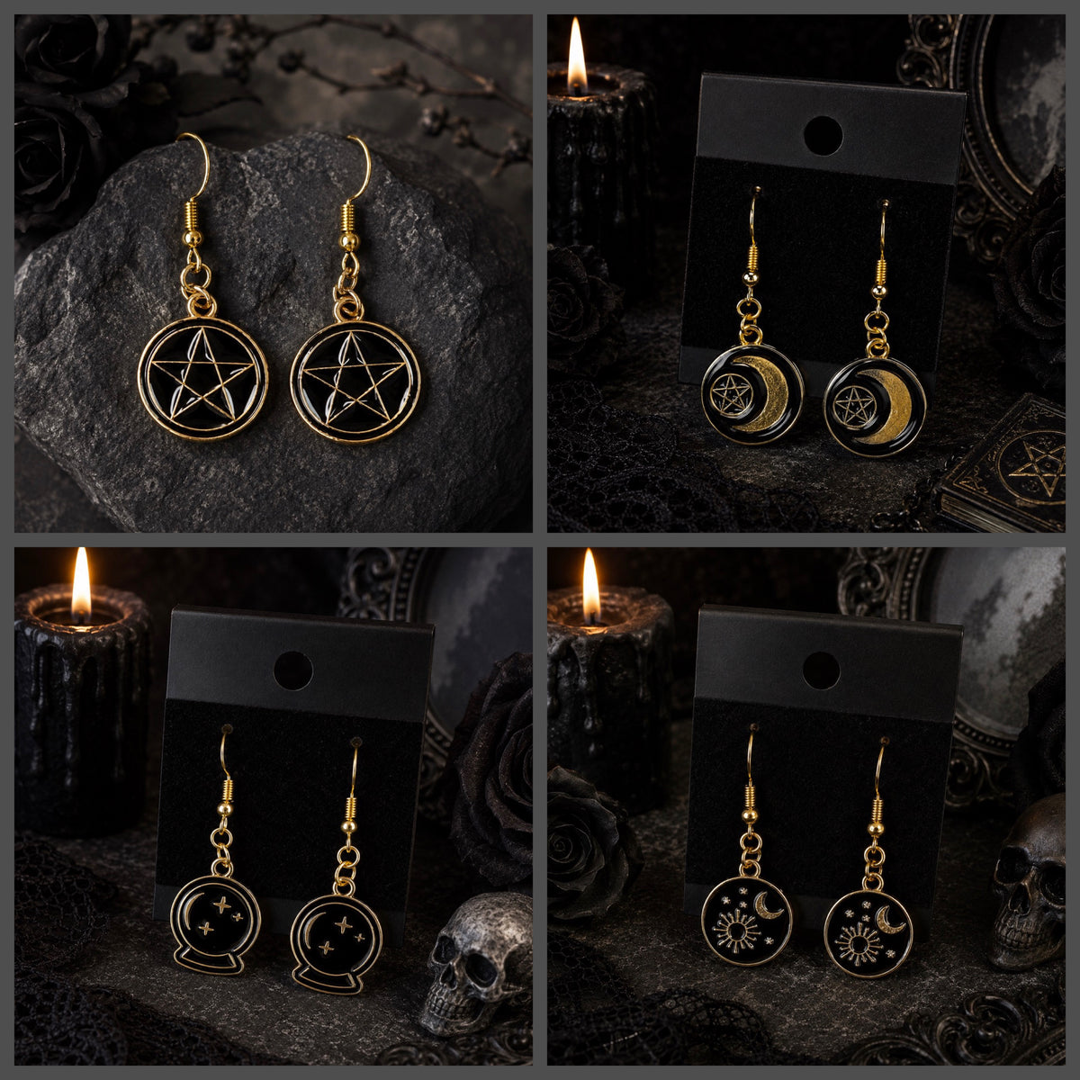 Black and Gold Gothic Halloween Dangle Drop Earrings