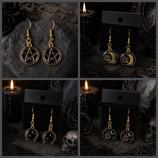 Black and Gold Gothic Halloween Dangle Drop Earrings