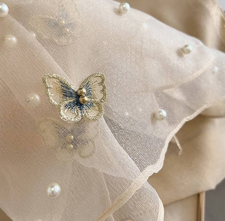 Beige Silk Scarf with Embroidered Butterflies & Pearls