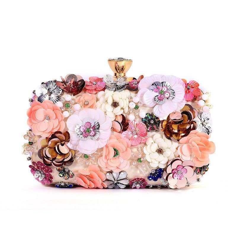 Floral Embellished Clutch Bag: Silver