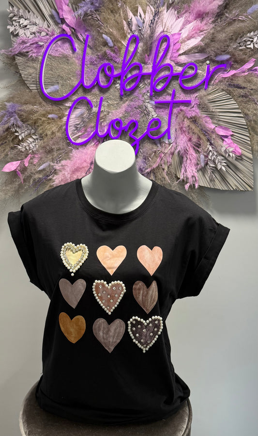Pearl Crystal Multi Heart Cotton Top T-shirt