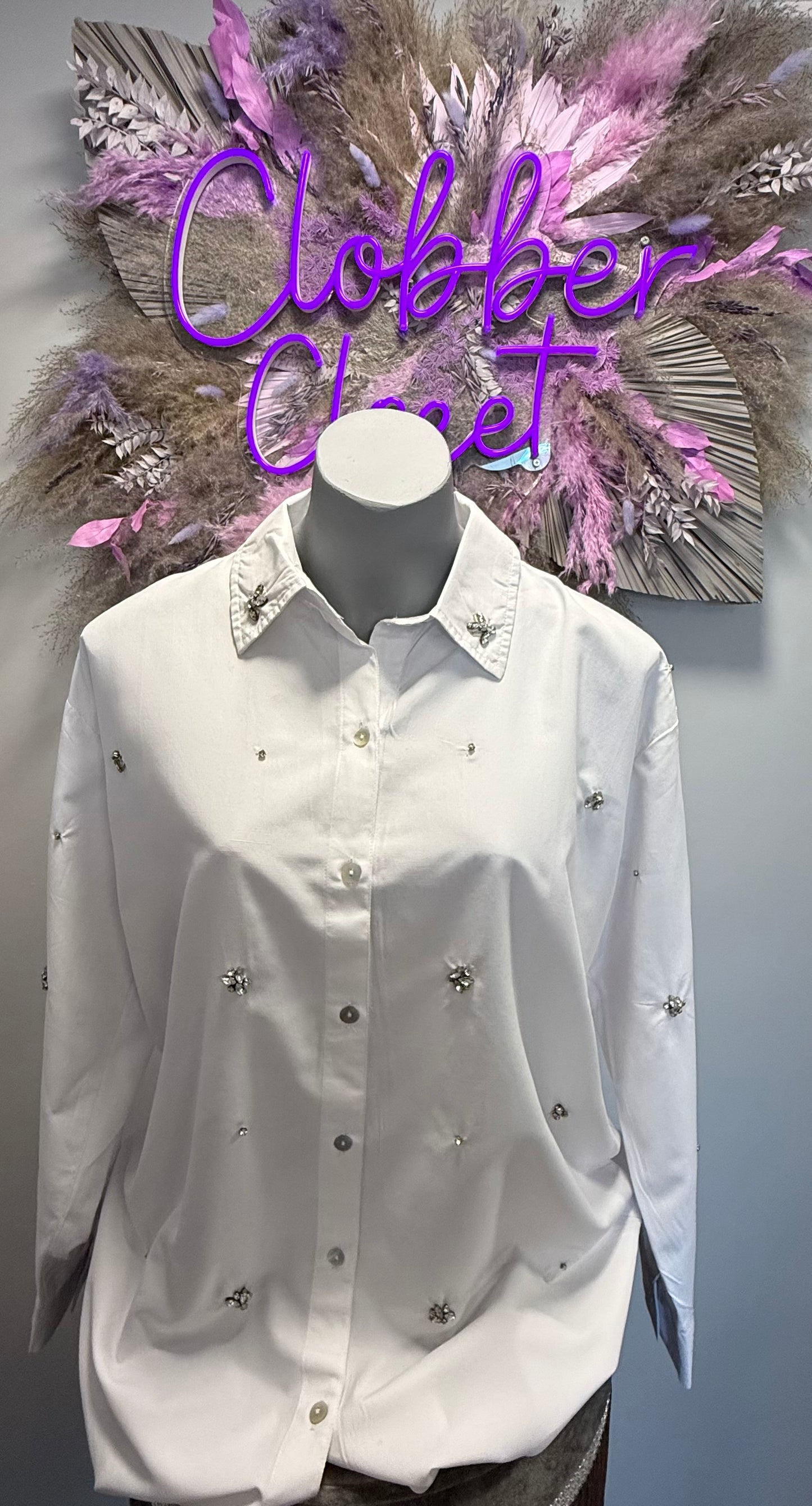 White Diamante Rhinestone Embellished Shirt