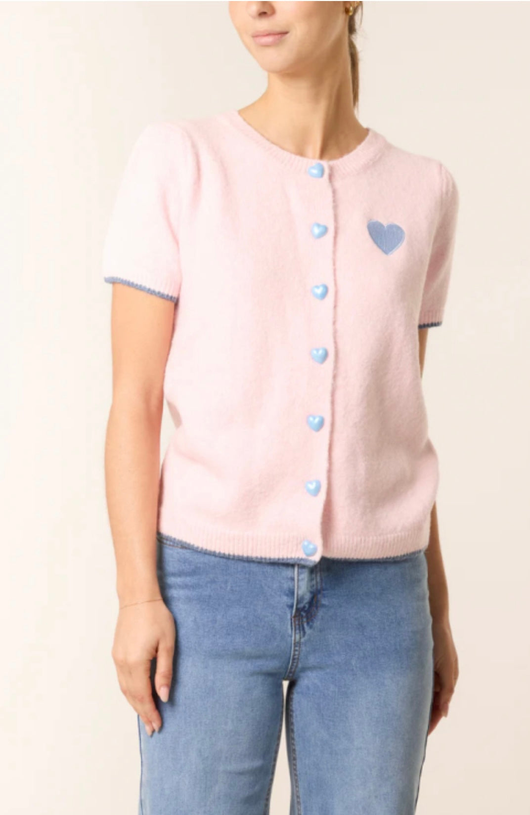 Heart Button Embroidered Wool Cardigan