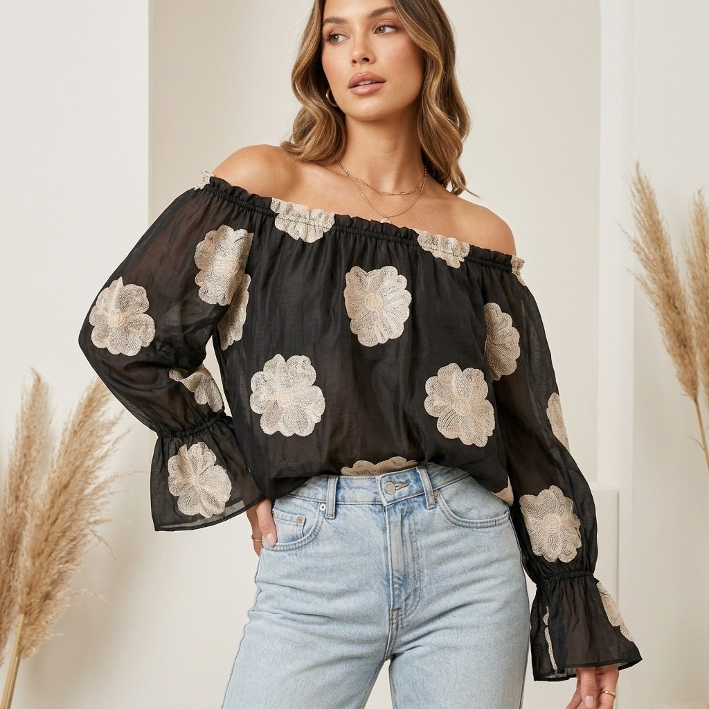 Luna Embroidered Flower Bardot Top