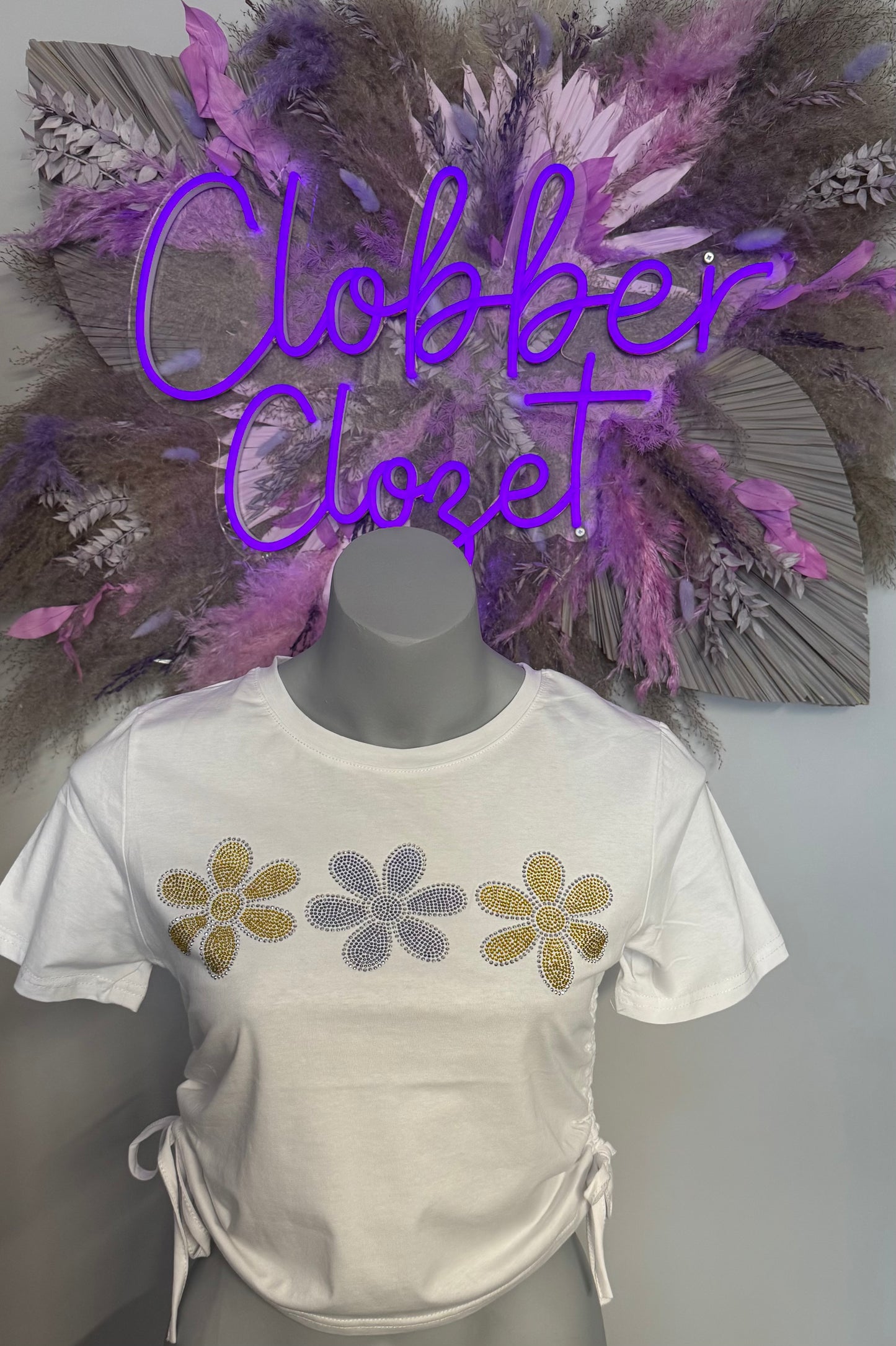 Danika White Side Tie Diamante Flower Crop Top