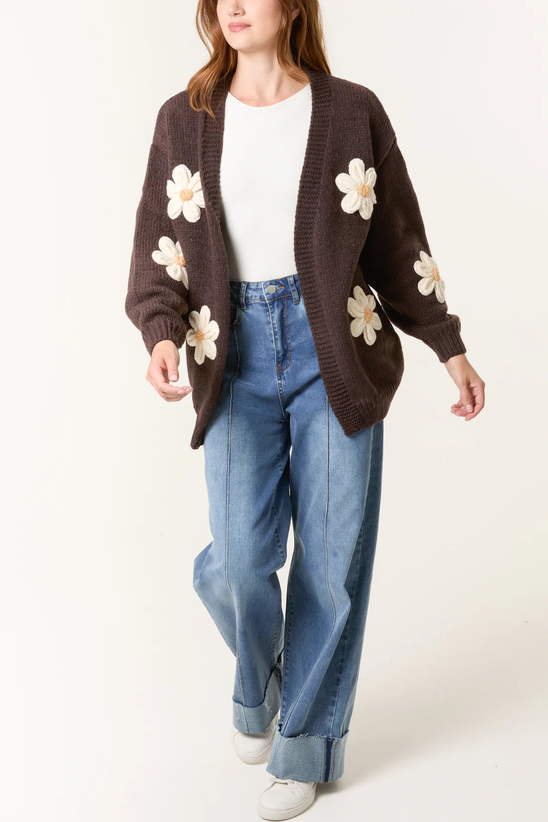 Edge to Edge Open Front 3D Daisy Flower Cardigan